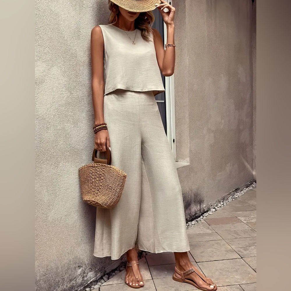 Apricot Elegant Pants Set, Crew Neck Tank Top & Wide Leg Pants Outfits